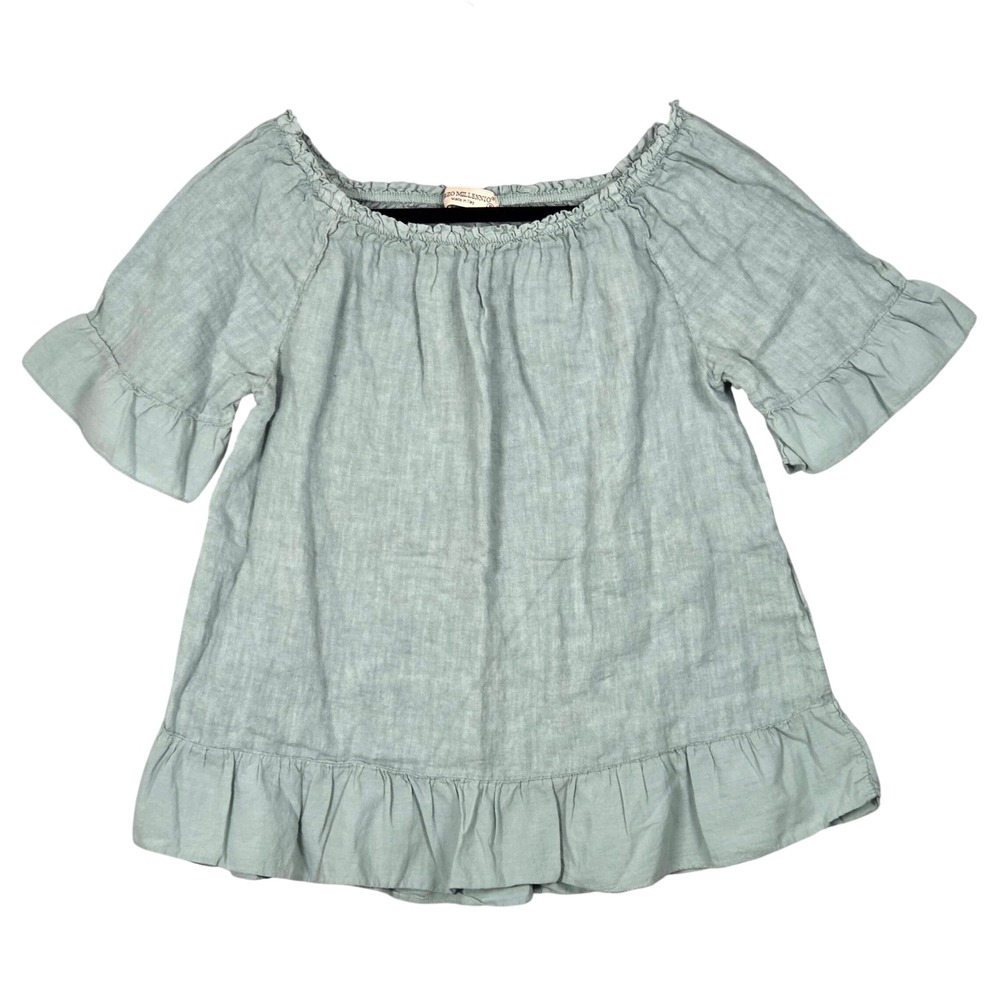 Terzo Millennio Women Small Linen Ruffle Off Shoulder Top Sage Green Italy